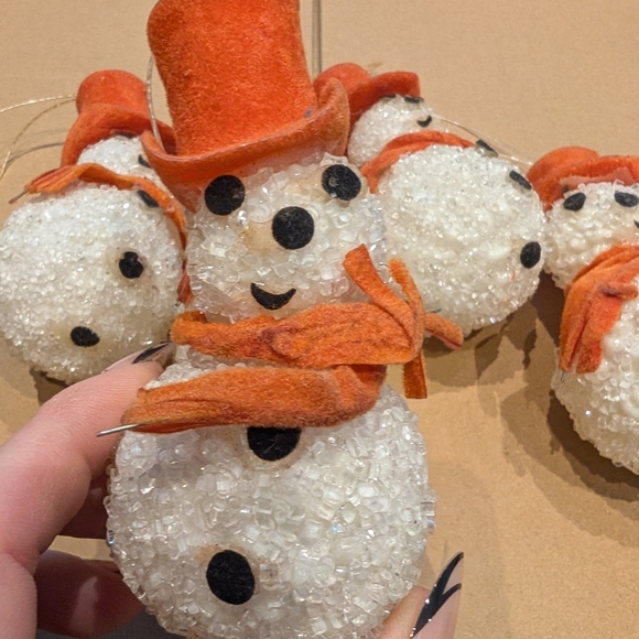 Vintage Handmade Christmas Festive Snowman Ornaments with Orange Hats - Picture 2 of 8